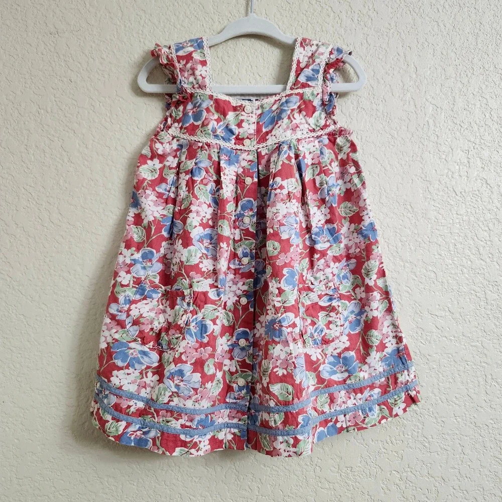 Ralph Lauren Size 24 Months Kid Red Floral Falmouth 100% Cotton Lace Trim Ruffle